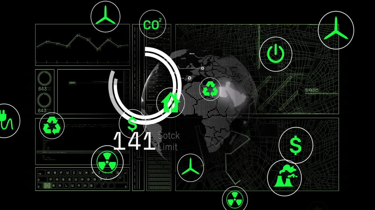 animación de iconos ecológicos y procesamiento de datos en todo el mundo