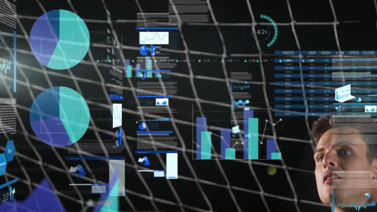 Goalkeeper tracking shot, HUD charts expanding while bending, punching ball to intercept for sports