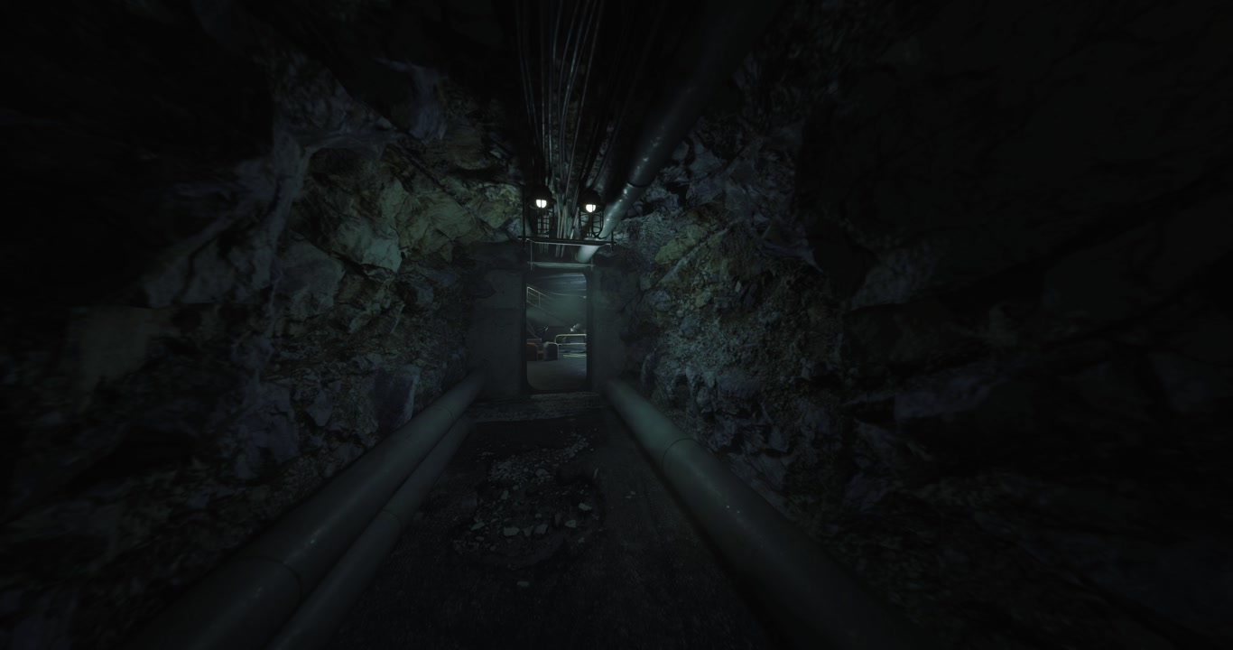 Cramped watercoated corridor beneath ground with muted green illumination