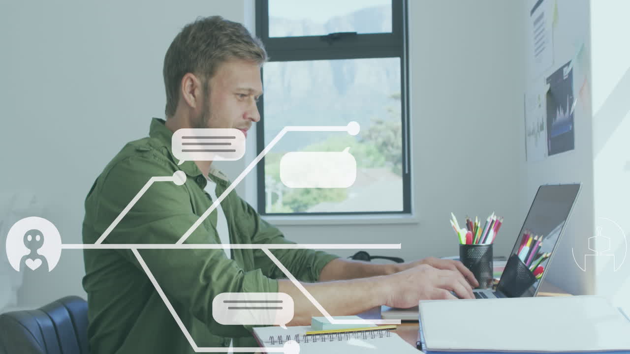 Animation of ai data processing over caucasian businessman using laptop