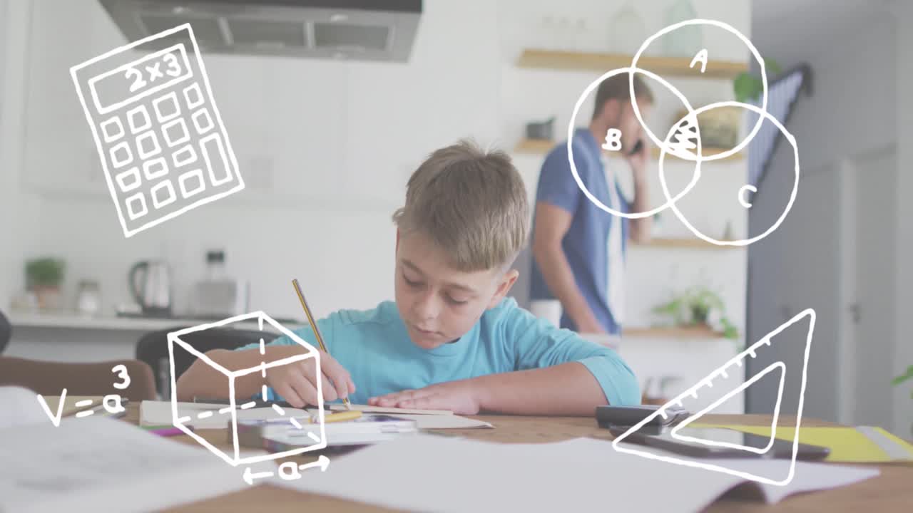 animación de iconos de artículos escolares sobre padre y hijo caucásicos aprendiendo en casa