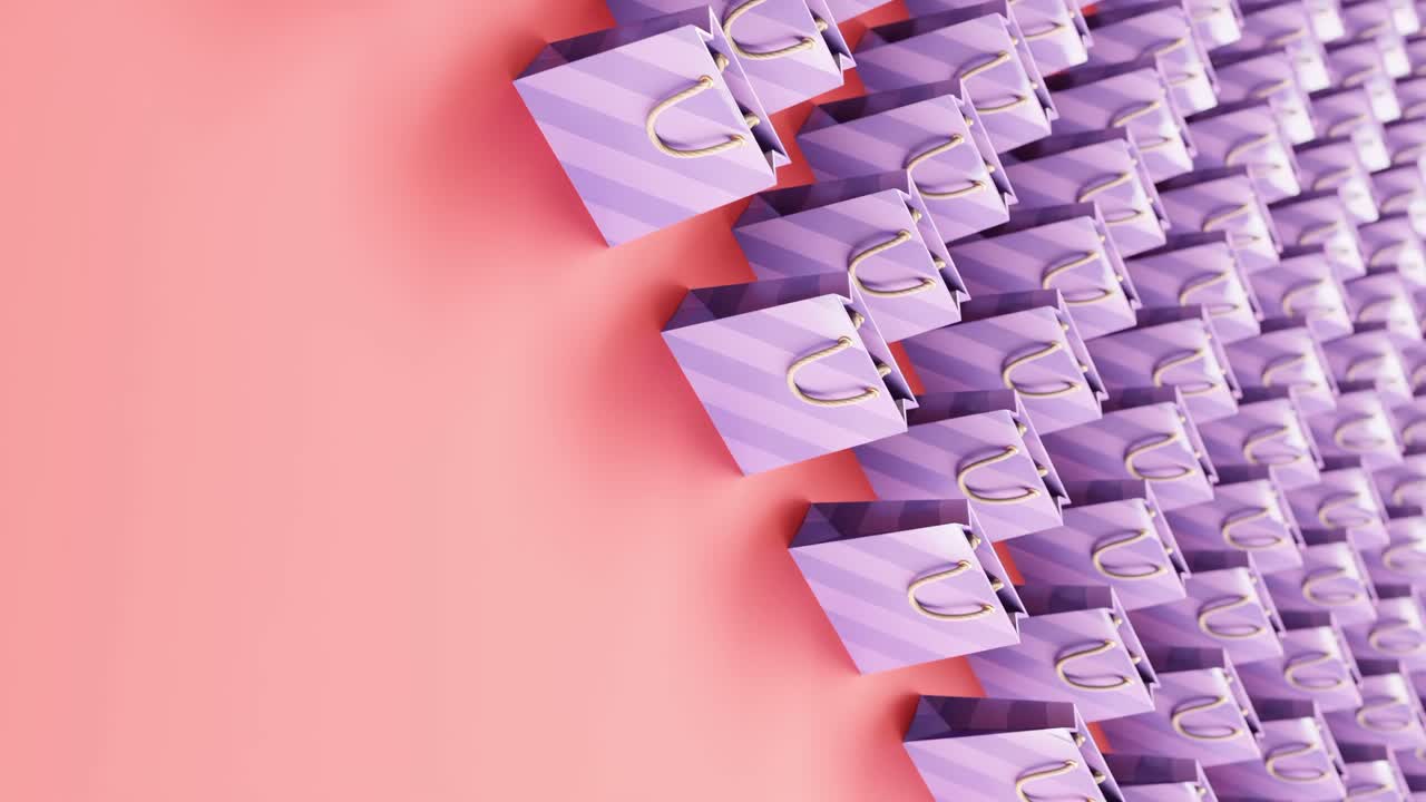 Pystysuuntainen 3D-liikegrafiikkakuva violettien ostoskassien sarjasta vierimässä vaaleanpunaisella taustalla