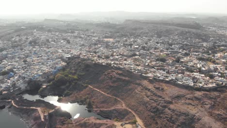 panning aerial drone footage above the vast city of jodhpur, india