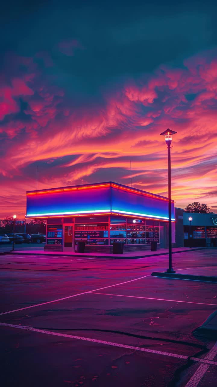 Neon-lit gas station at sunset, captured from a low angle. The vibrant sky and glowing lights