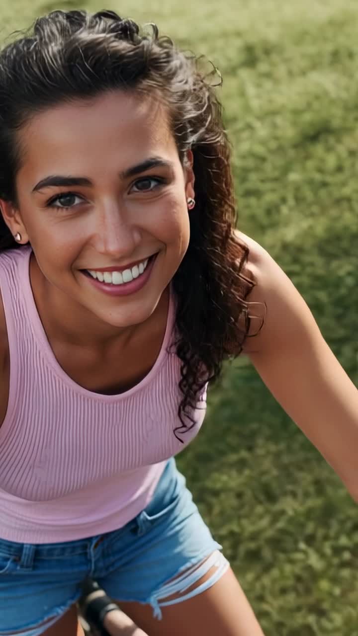 Vertical video: Bicycle rolling forward, cyclist pedaling through sunlit field, holding handlebars