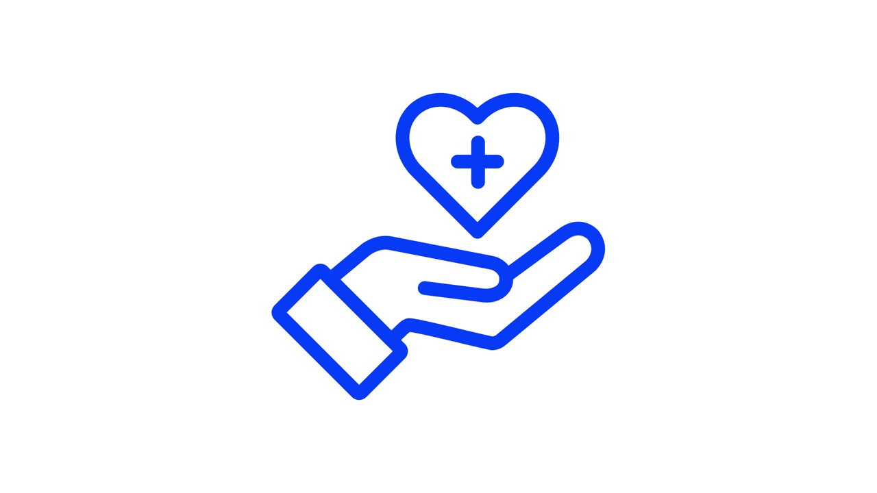 Animated Blue Icon of Hand Holding Heart with Plus Sign