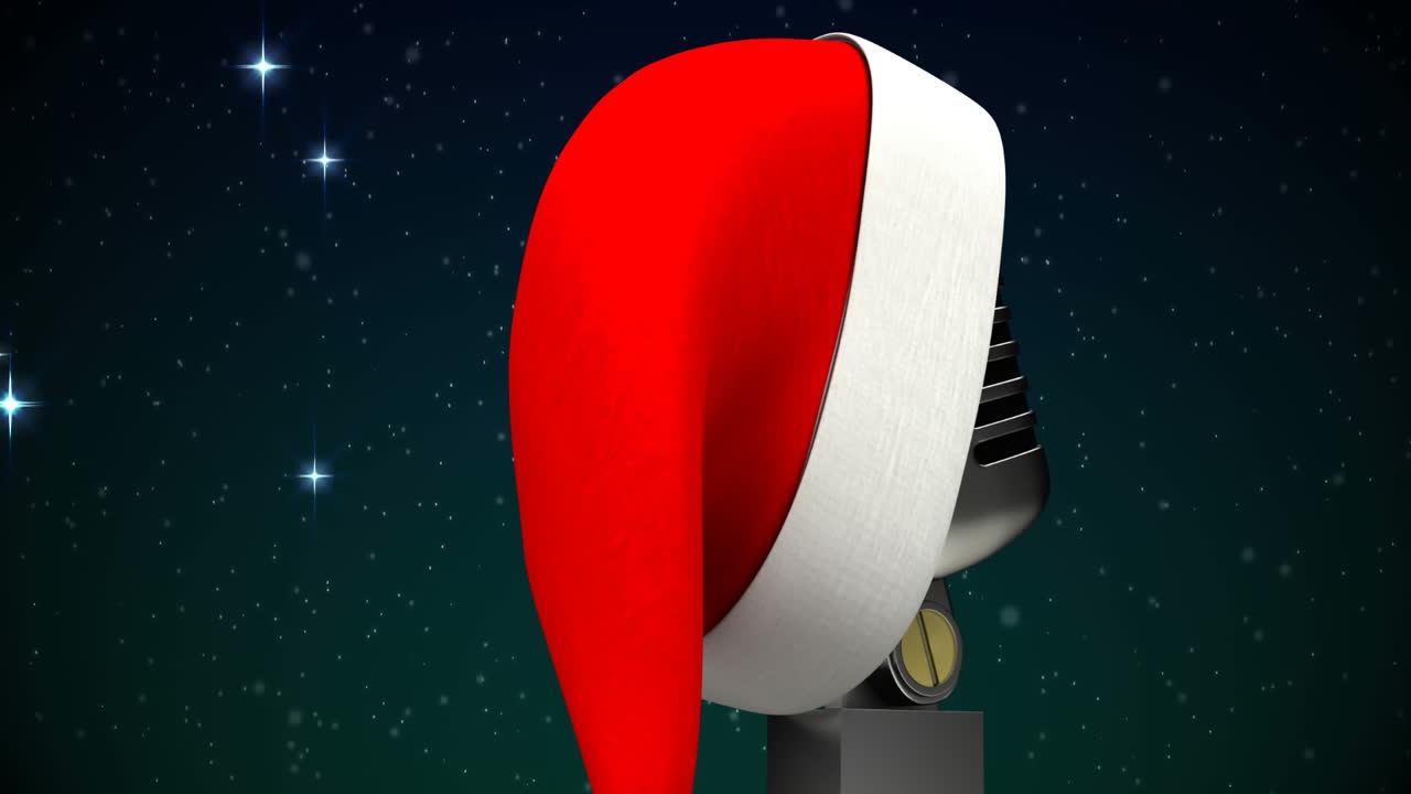 어두운 배경 에 크리스마스 모자 와 함께 마이크 위 에 떨어지는 별 들 의 애니메이션