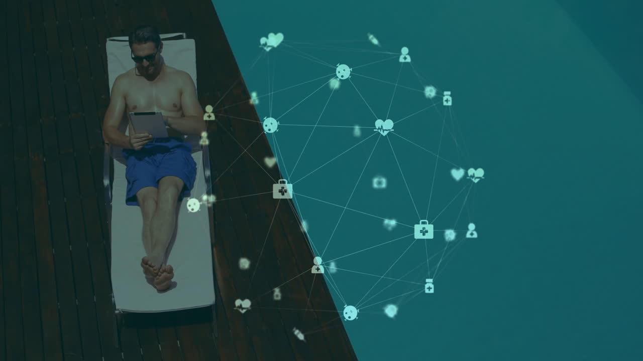 Man relaxing by pool with social media network animation overlay