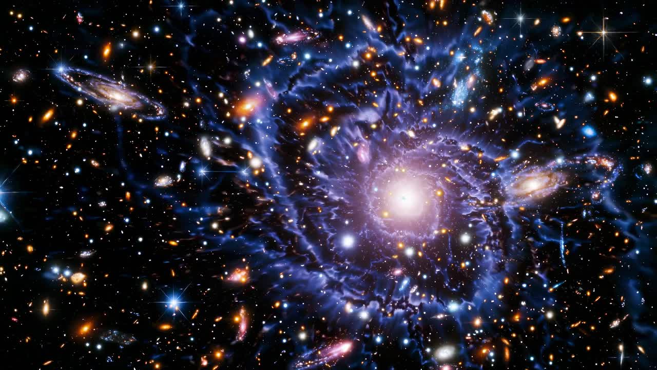 A mesmerizing video still of a galaxy cluster with a wide-angle view, showcasing vibrant stars