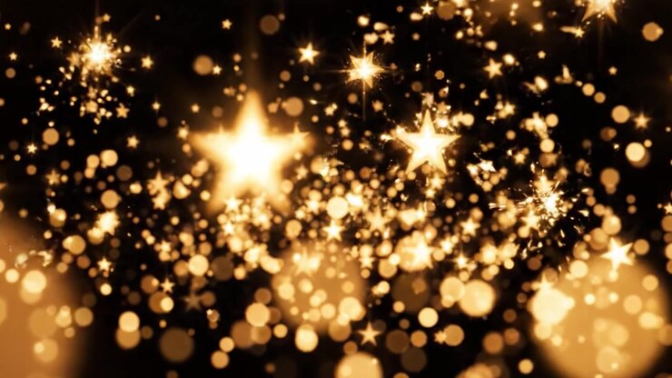 Una magica celebrazione di stelle scintillanti e luci abbaglianti su un bellissimo sfondo scuro, perfetto per creare un'atmosfera da sogno in qualsiasi ambiente