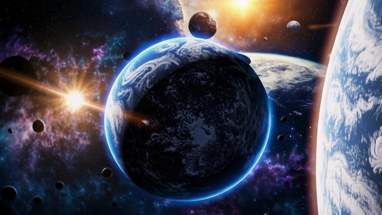 A cosmic video scene with a low-angle view of planets and asteroids in space