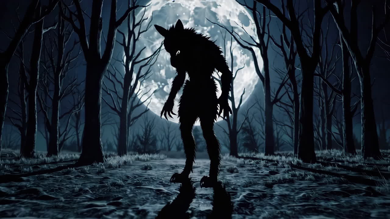 Silhouette of a Werewolf in a Forest at Night