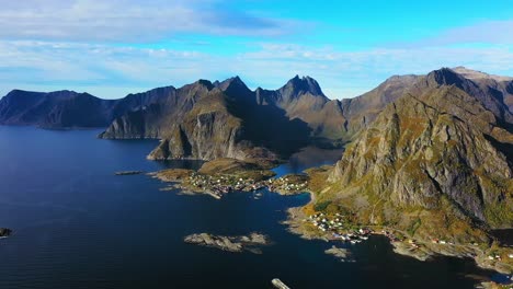 Flight-above-settlements-near-Moskenes,-Lofoten-islands,-Norway,-Europe