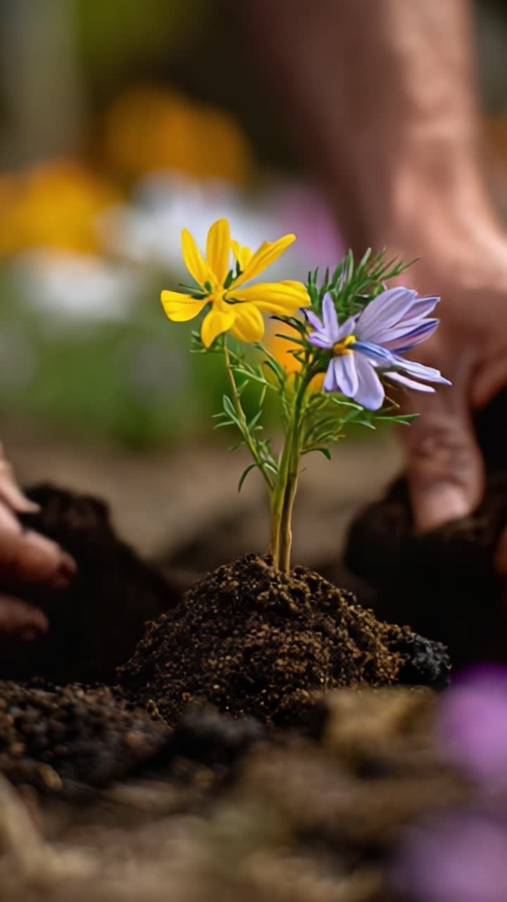 A Gardener's Touch: Planting Vibrant Yellow and Purple Flowers in Rich Soil, Embracing Nature's Beauty Through Gardening and Nurturing Life
