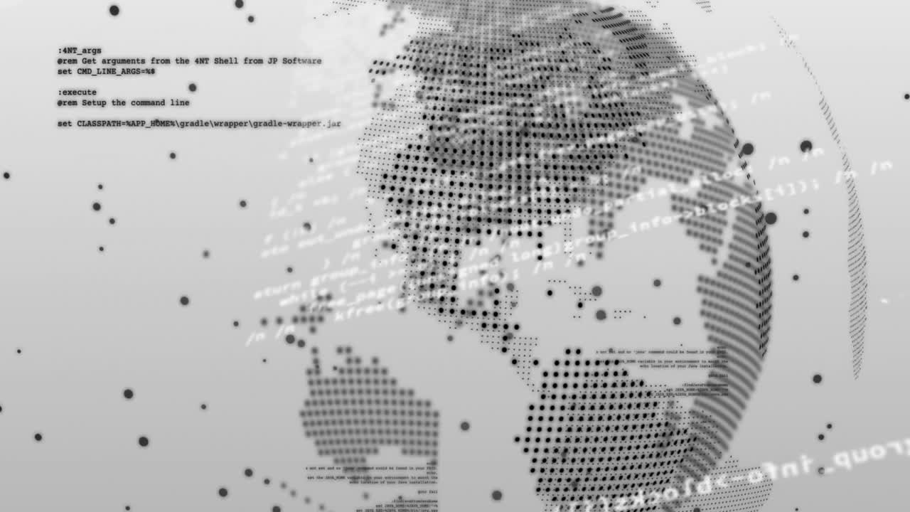 Animation of digital globe with binary code and programming text on continents