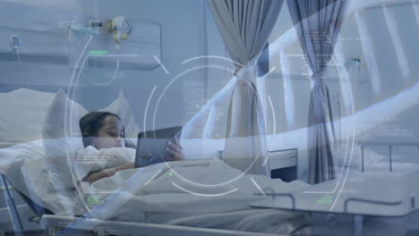 animation of data processing over biracial girl patient using tablet in hospital bed