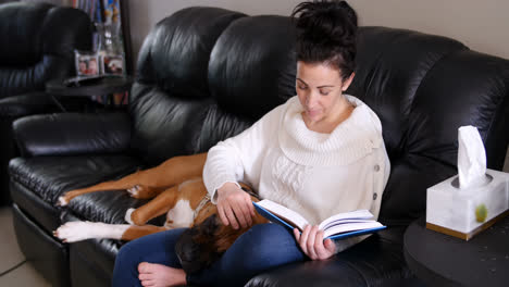 mujer leyendo una novela mientras el perro se relaja en su regazo