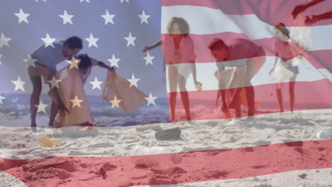 animation of flag of usa over happy diverse friends recycling on beach in summer