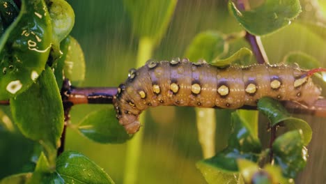 La-Polilla-Halcón-De-Paja-De-Oruga-Se-Arrastra-Sobre-Una-Rama-Durante-La-Lluvia.-La-Oruga-(hyles-Gallii),-La-Polilla-Halcón-De-Paja-O-Esfinge-De-Galium,-Es-Una-Polilla-De-La-Familia-Sphingidae.