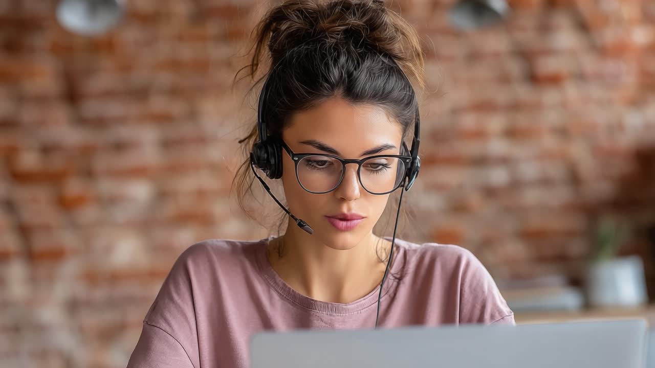 Fokuseret kvinde fordybet i virtuel kommunikation, mens hun arbejder på en bærbar computer og bruger et headset i et hyggeligt, moderne arbejdsområde med en baggrund af murstensvæg