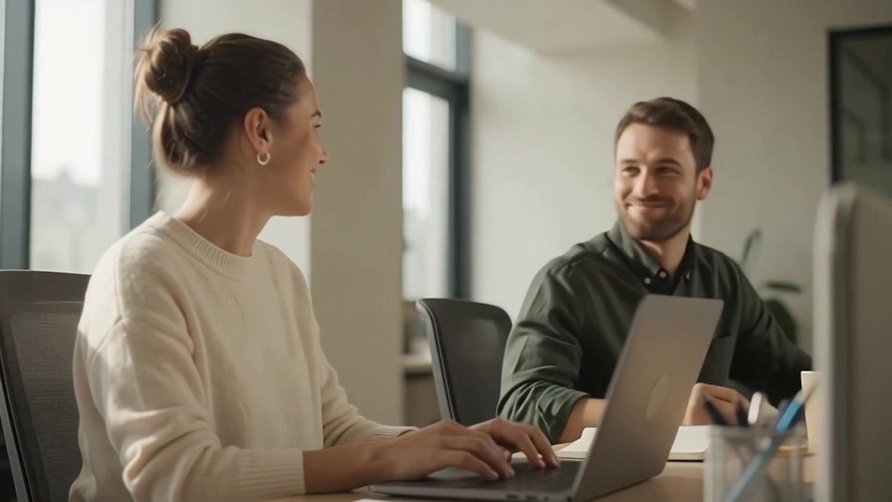 Ung kvinde arbejder på bærbar computer og taler med kollega på kontoret