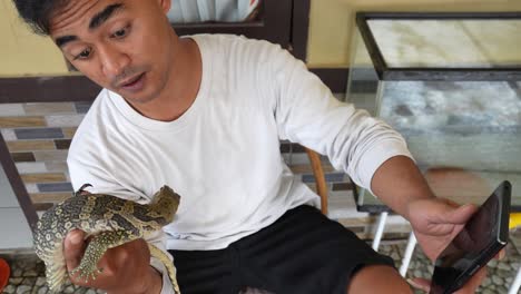 pet owner record a video of lizard in his hand with smartphone