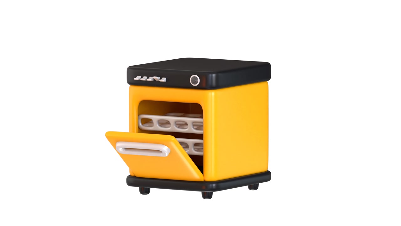 Animazione 3D di un forno da cucina giallo che si apre e si chiude