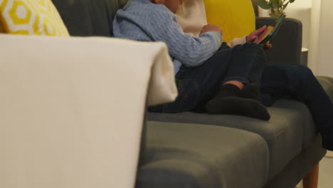 two young boys sitting on sofa at home playing games or streaming onto digital tablet together 5