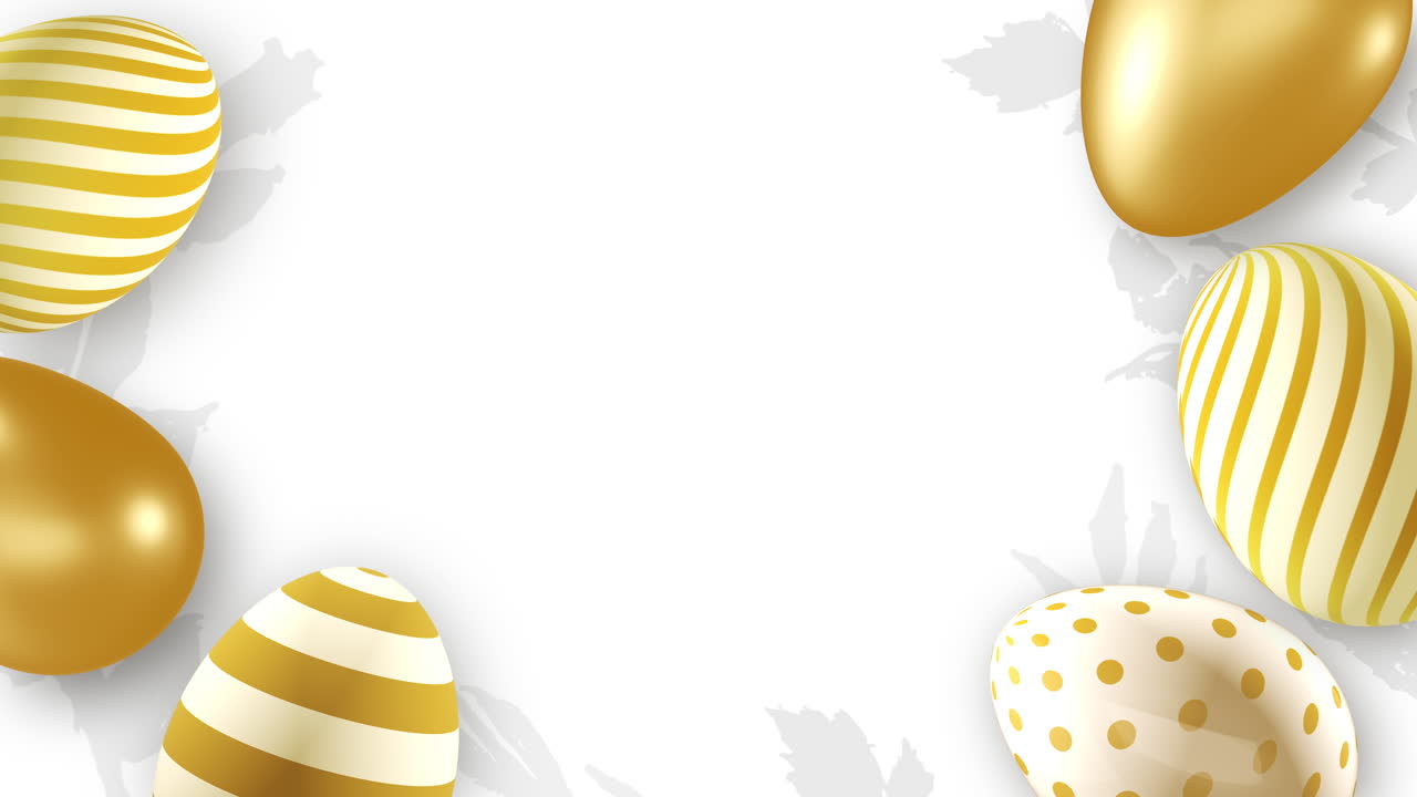 Happy Easter white background. Golden Easter eggs with texture and decor. Realistic looped 3D animation. Spring religious screensaver.