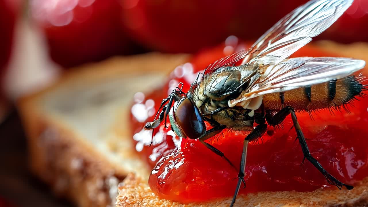 Large housefly feeding on strawberry jam spread over toasted bread, surrounded by fresh strawberries, highlighting food contamination and hygiene risks in close up macro view