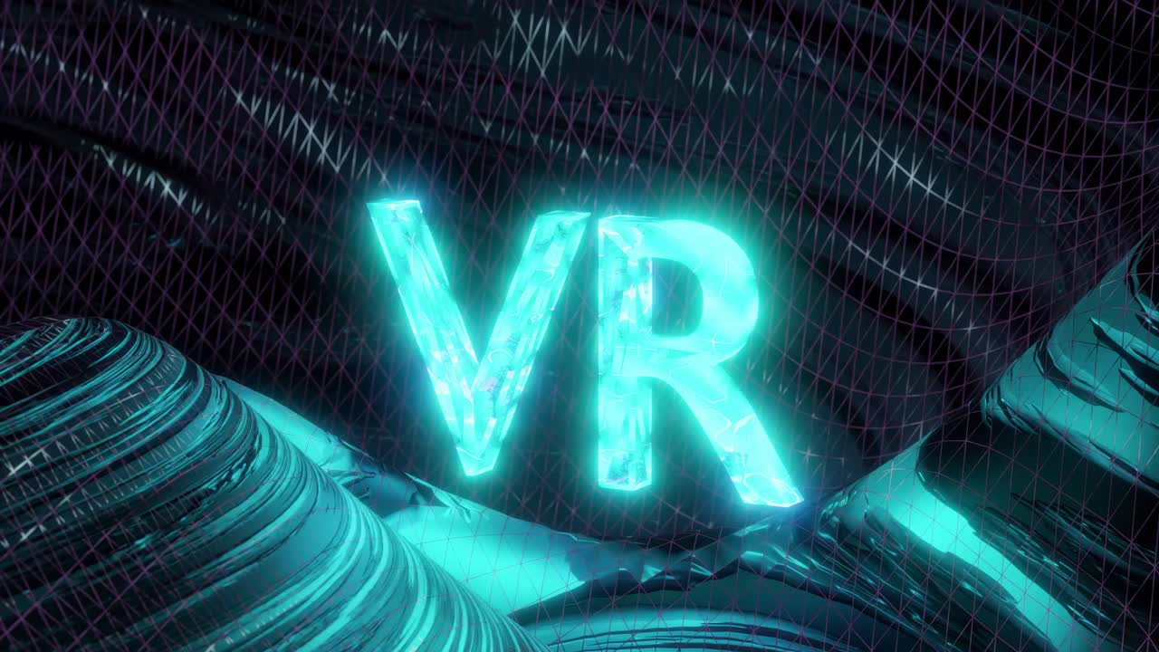 Blue VR letters spinning with wavy dark background, motion graphics