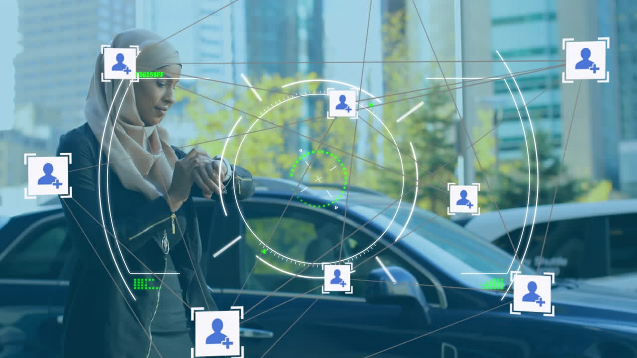 연결 아이콘의 웹과 스 ⁇  스캐닝 스마트워치를 사용하여 히자브를 입은 여성에 대해