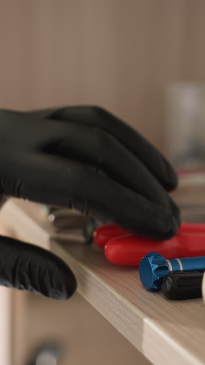 vista en primer plano de varias herramientas de laboratorio ordenadamente dispuestas en un estante, con una mano con guante seleccionando un artículo, la configuración organizada incluye una variedad de instrumentos