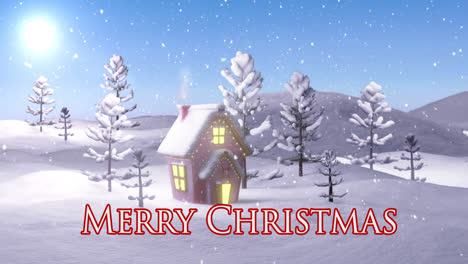 animación del texto de feliz navidad sobre el paisaje de invierno