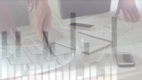 animación de estadísticas y procesamiento de datos financieros sobre arquitectos con planes en reunión