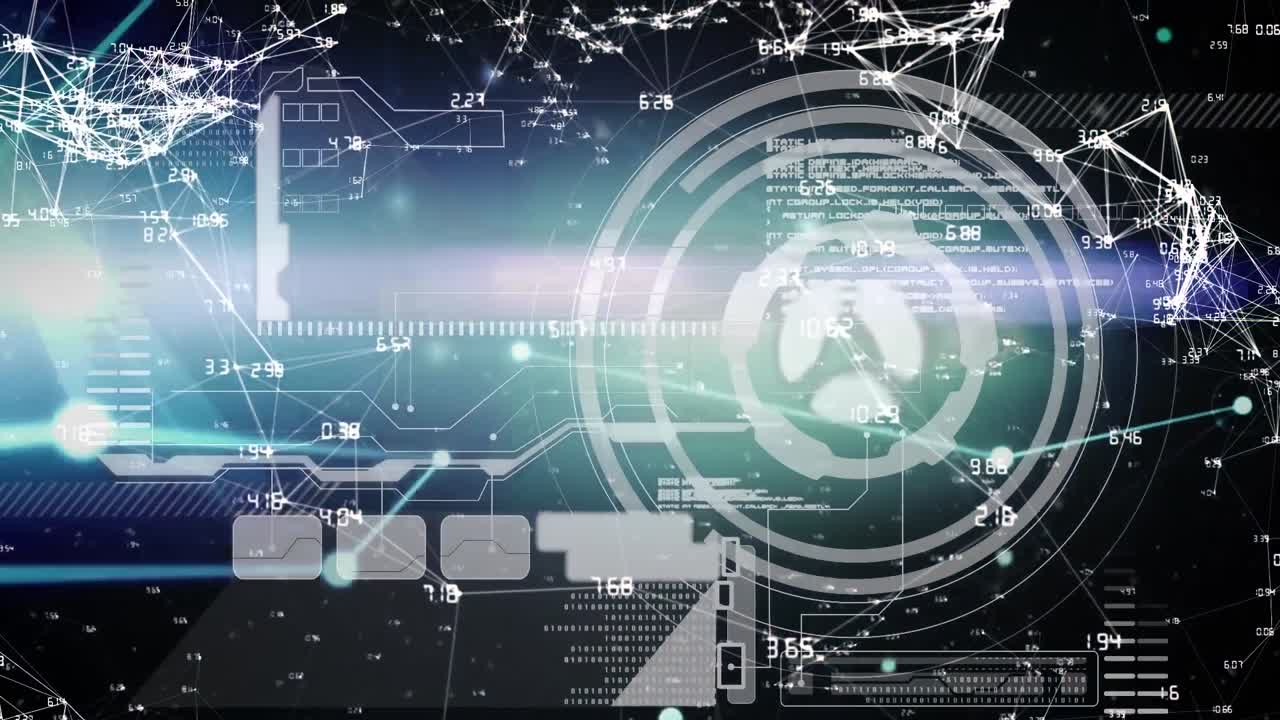 검은 바탕에 연결 네트워크와 함께 범위 스캐닝과 데이터 처리의 애니메이션