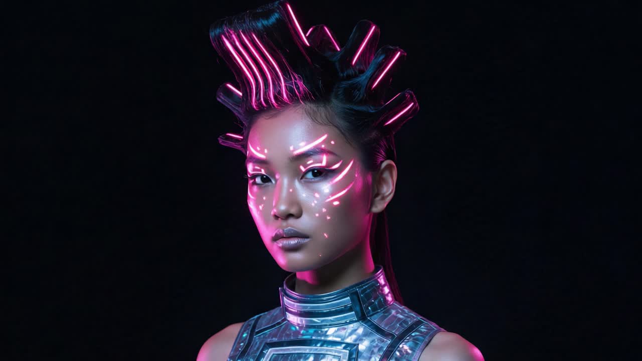 Futuristisk portræt med neon ansigtskunst og innovativt hårdesign, der fremviser en unik blanding af teknologi og kunstnerisk flair i en fantastisk visuel præsentation.