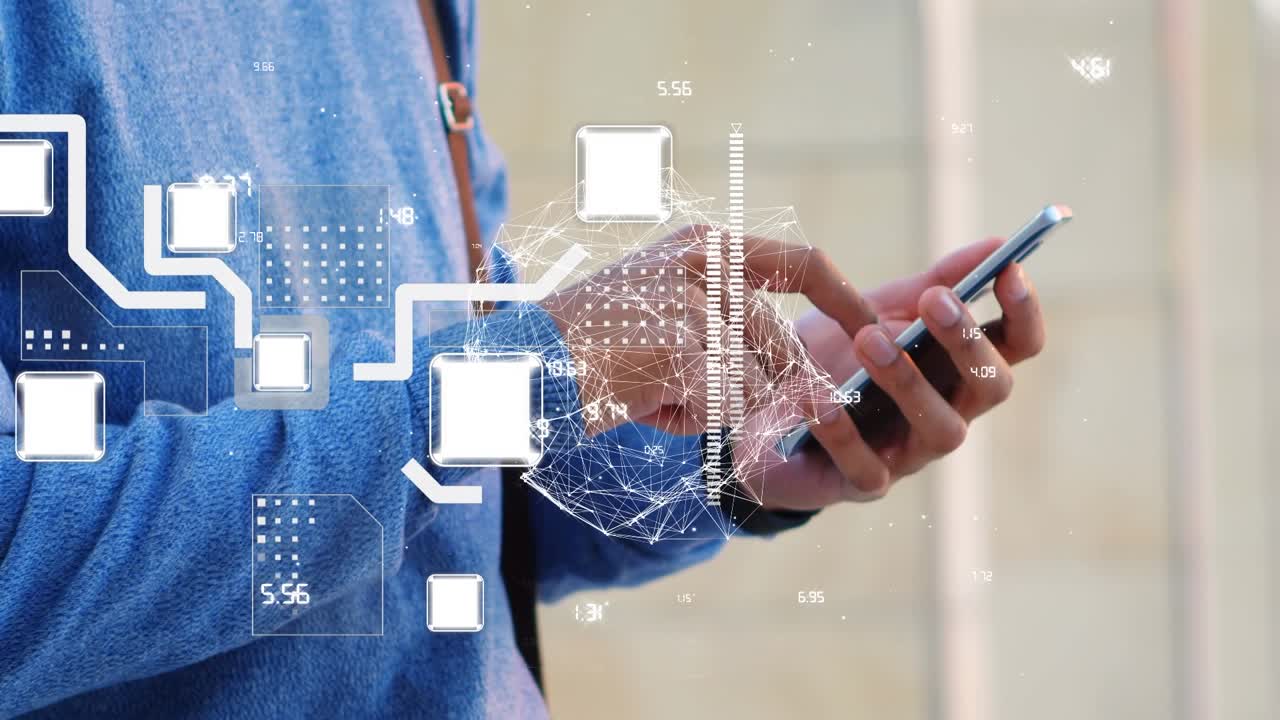 Animation of globe and data processing over caucasian man using smartphone