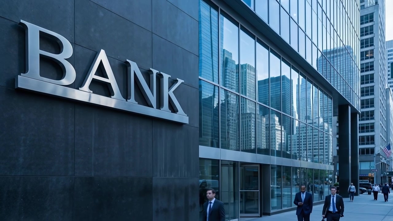 Exterior view of a modern glass skyscraper bank building in a busy metropolitan financial district
