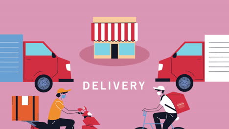 store building with couriers and vehicles delivery service animation