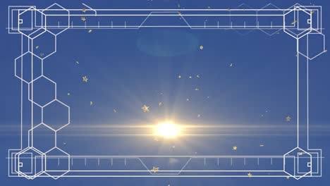 Animation-of-golden-stars-and-light-spot-moving-over-hexagonal-shapes-against-blue-background