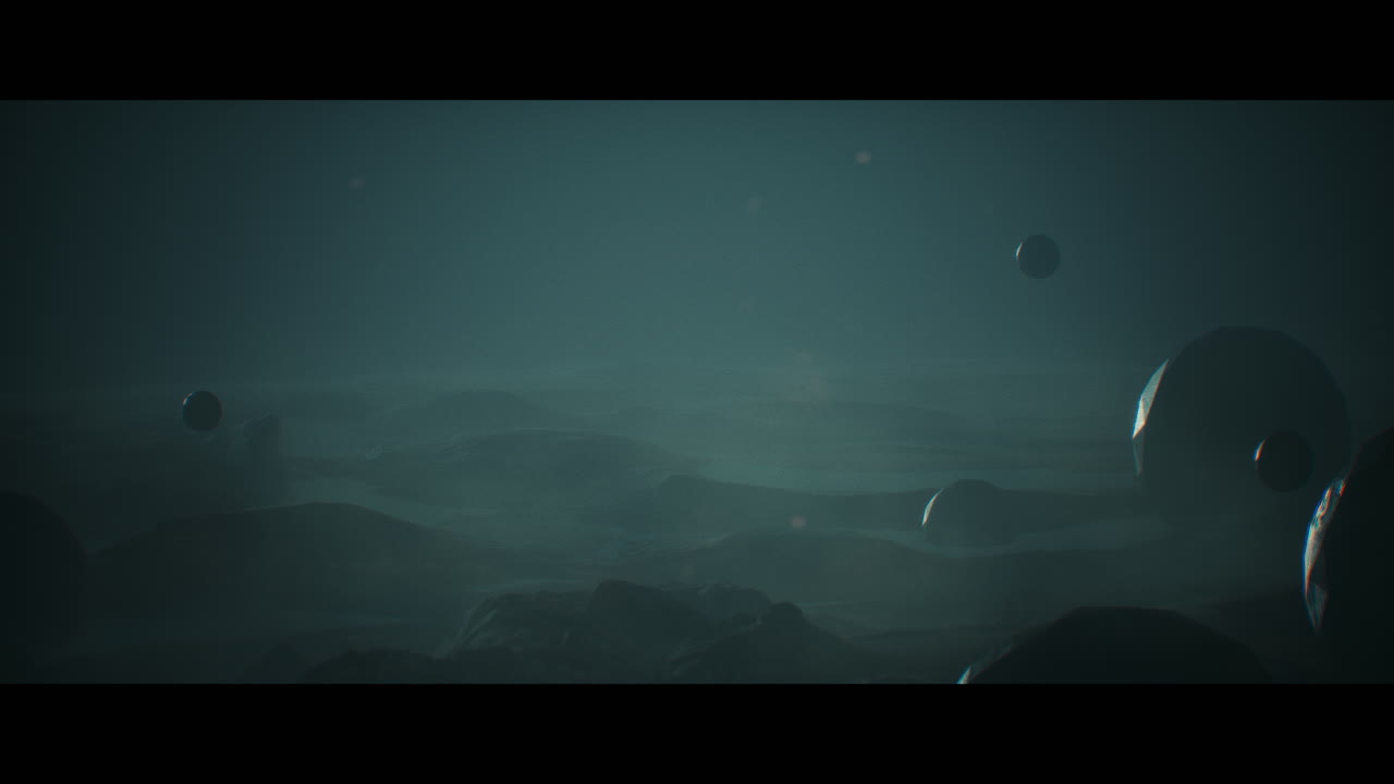 Alien planet desert landscape at night with strange sphere-shaped buildings