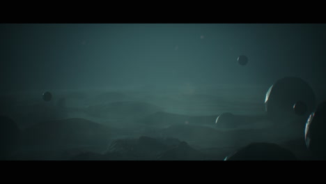alien planet desert landscape at night with strange sphere-shaped buildings