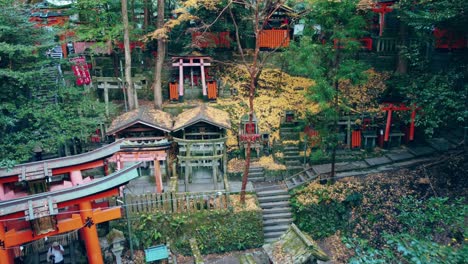 Luftdrohnenaufnahme-Von-Schreinen-In-Einem-Wald-Im-Herbst-In-Der-Japanischen-Stadt-Kyoto