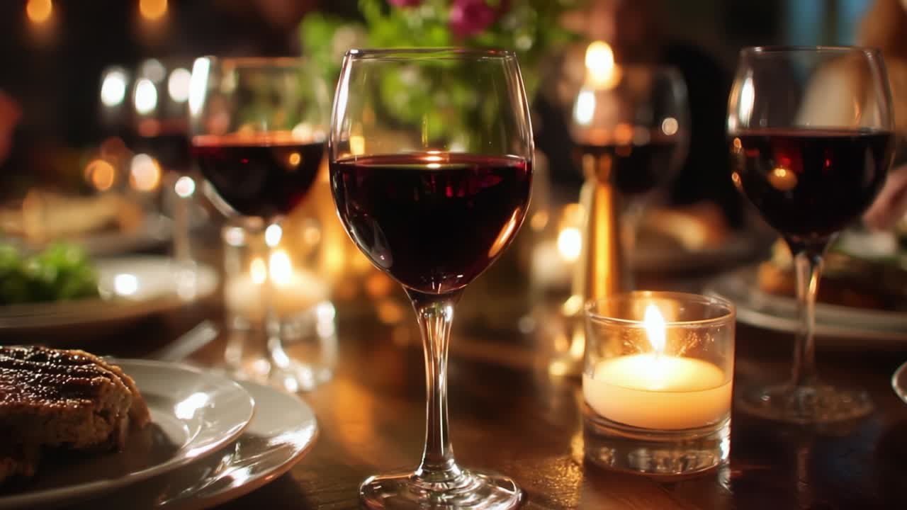 A Cozy Evening Table Setting Surrounded by Glasses of Red Wine, Soft Candlelight, Fresh Flowers, and Delicious Plates Illustrating an Inviting Dining Experience Perfect for Gatherings