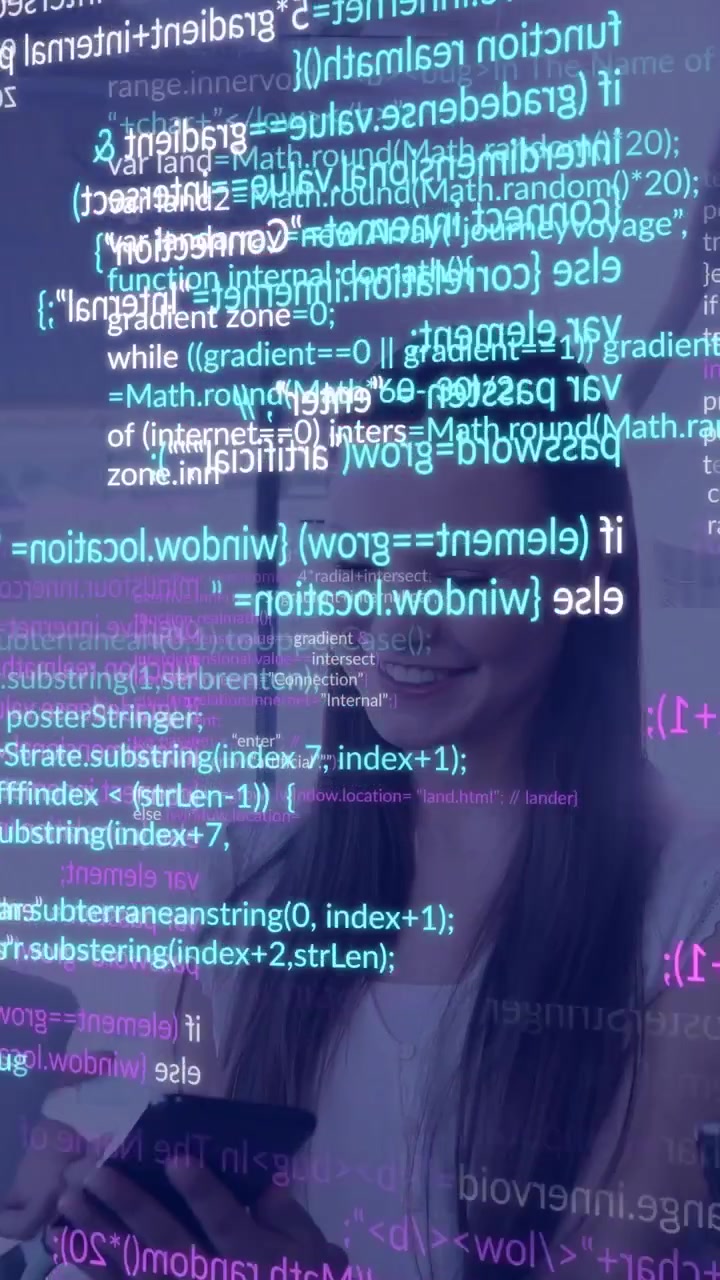 Vertical video: Woman tapping phone causing code overlaying face while man with tablet fixing tech
