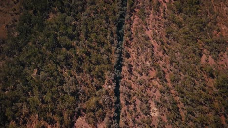 Drone-Aéreo-Elevando-A-Través-Del-Río-Interior-Del-Oasis-Del-Desierto-Australiano