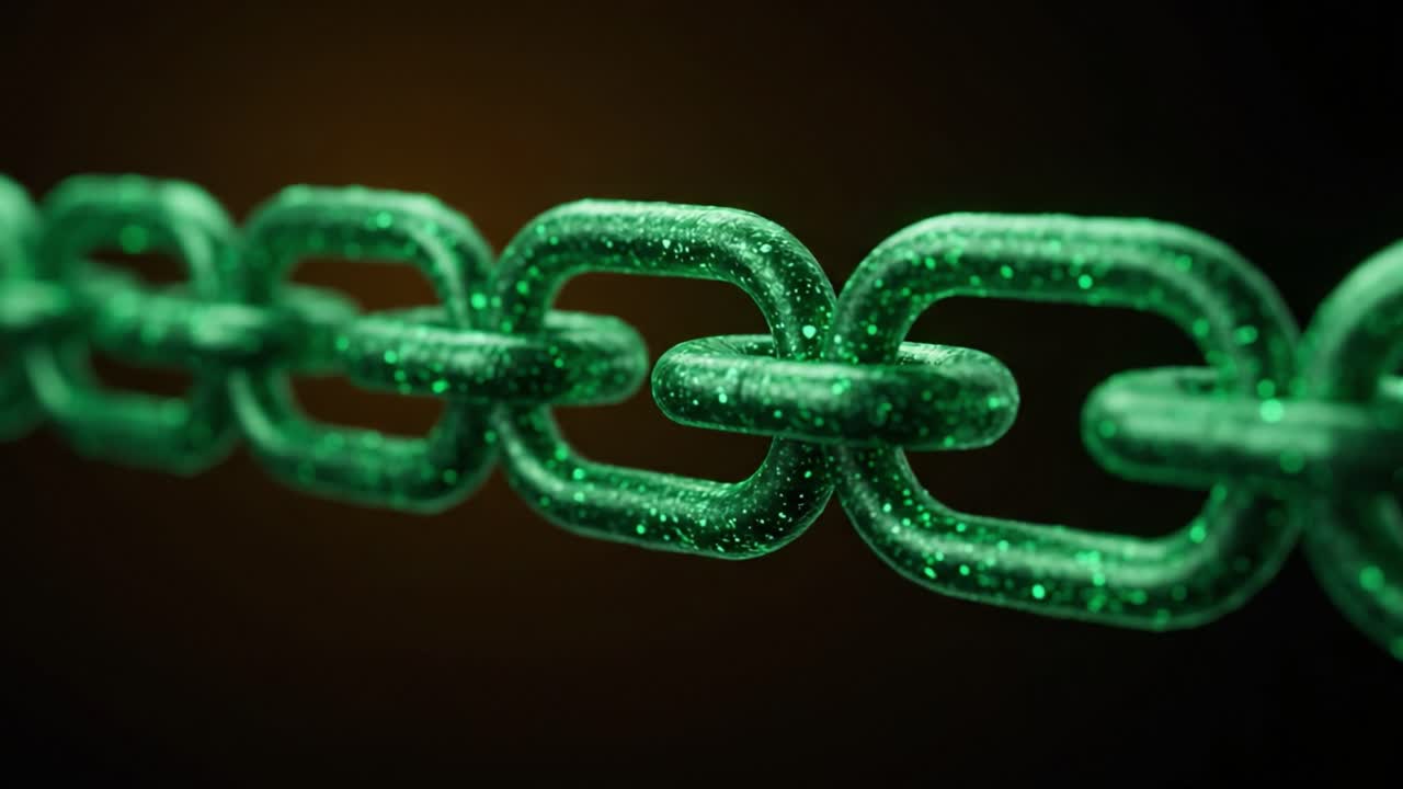 Close-up View of a Shimmering Green Chain with Sparkling Texture Against a Dark Background, Highlighting the Intricate Link Design in a Dynamic Perspective