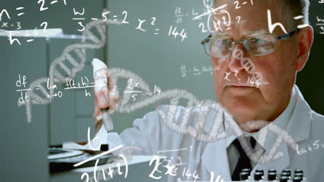 Animation of mathematical equations and dna strands over caucasian male scientist in lab