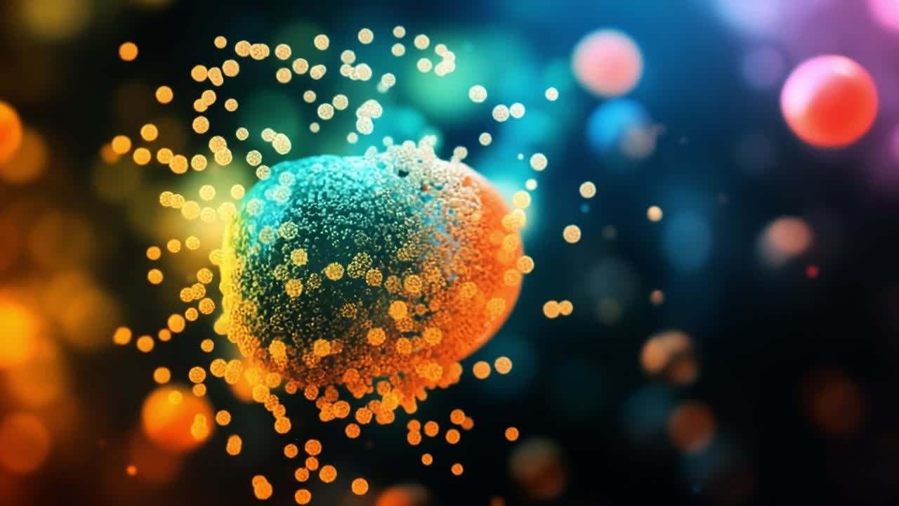 Cell division under microscope. Cells divide, displaying diverse colors and textures that highlight the complexity of biological processes.